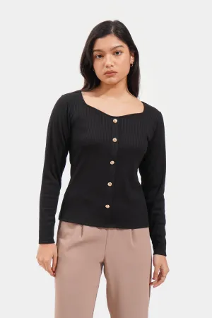 Button Down Long Sleeve Sweetheart Neckline Tee