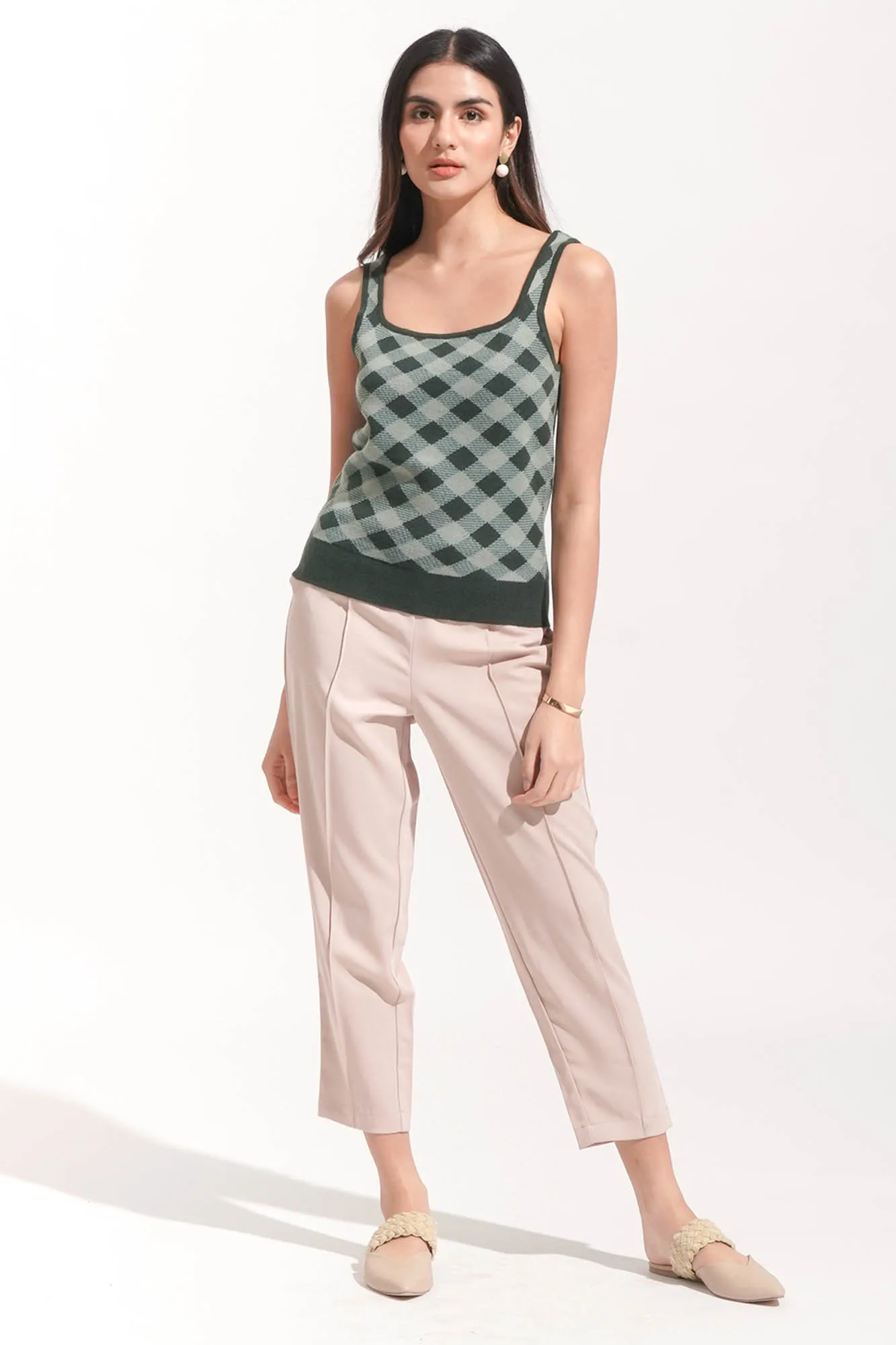 Checkered Camisole Flat Knit Tee