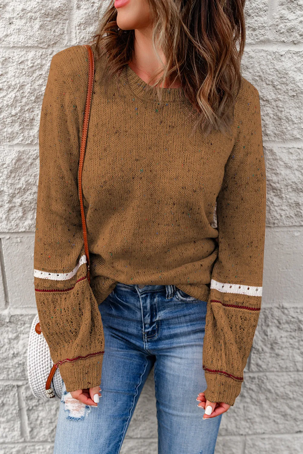 Chestnut Pilling Detail Patterned Sleeve Sweater