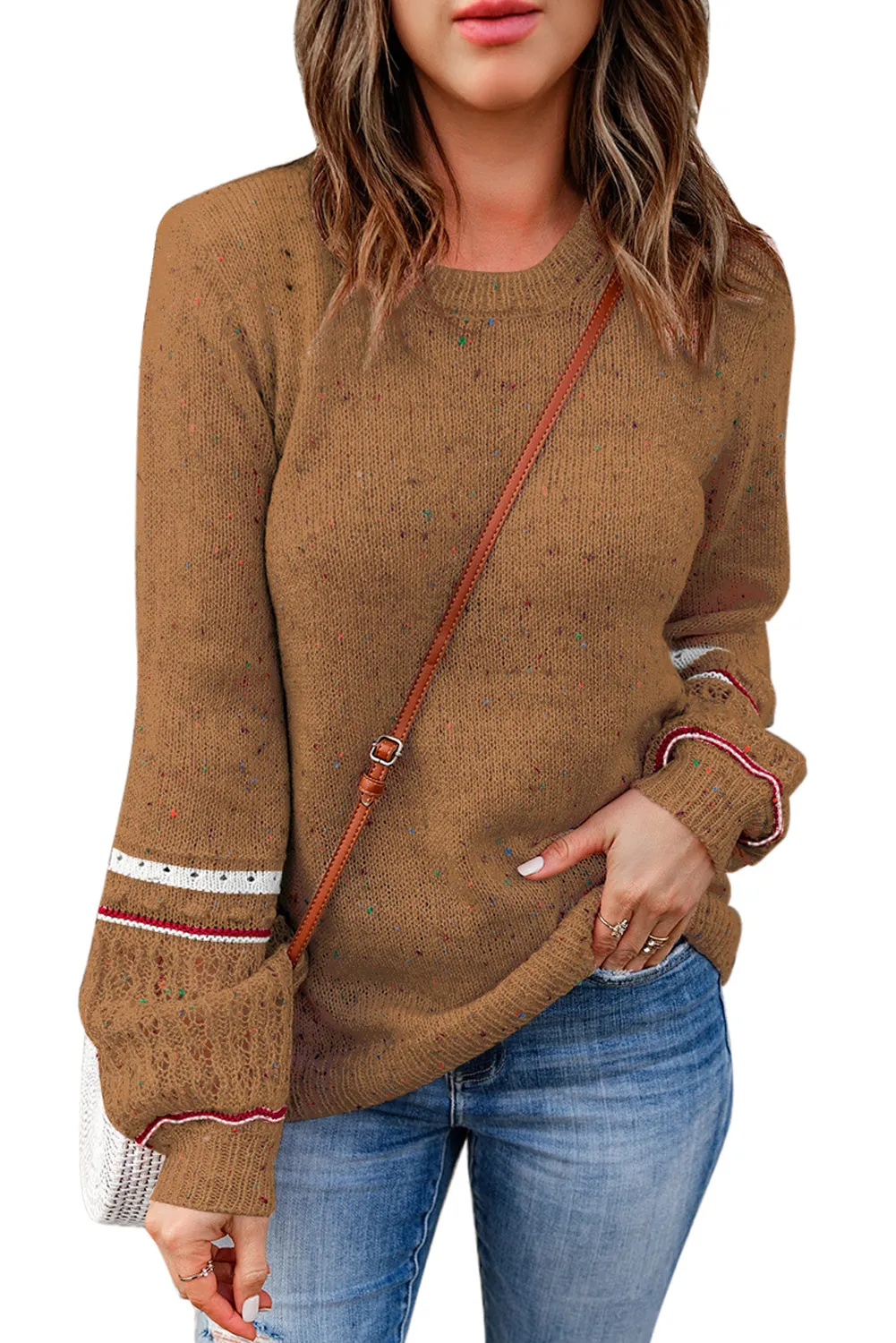 Chestnut Pilling Detail Patterned Sleeve Sweater