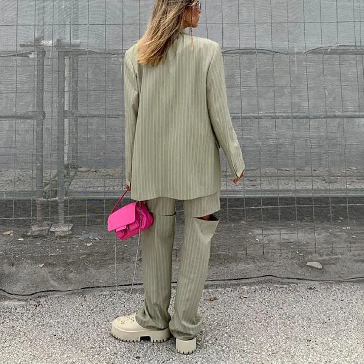 Chic Striped Oversized Blazer and Trousers Two-Piece Suit