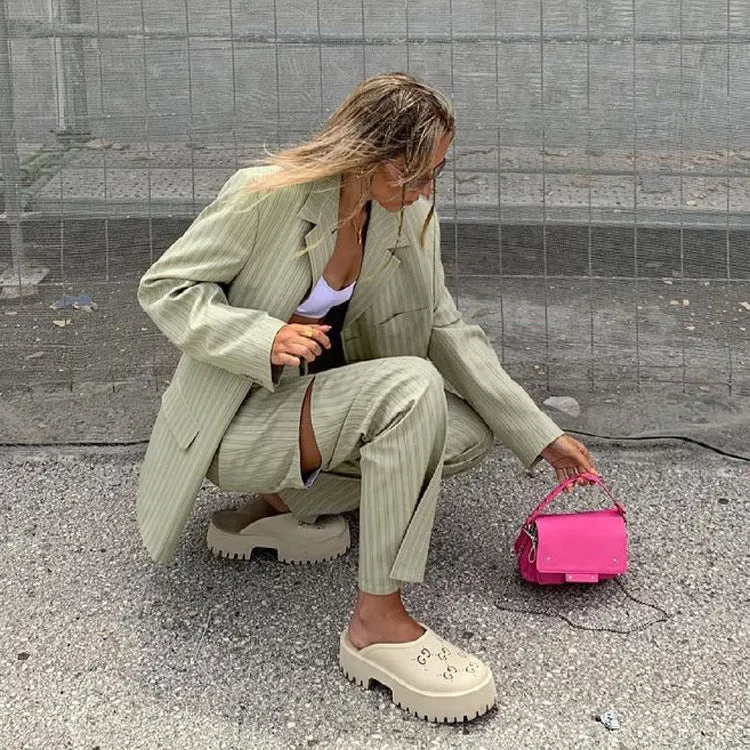 Chic Striped Oversized Blazer and Trousers Two-Piece Suit