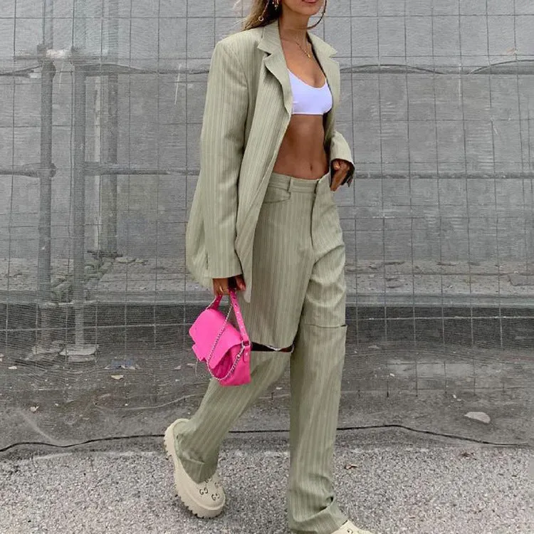Chic Striped Oversized Blazer and Trousers Two-Piece Suit
