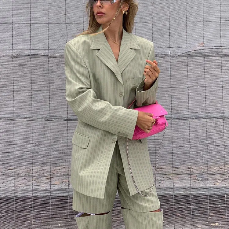 Chic Striped Oversized Blazer and Trousers Two-Piece Suit
