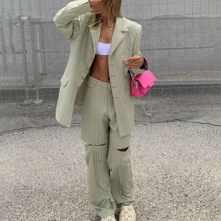 Chic Striped Oversized Blazer and Trousers Two-Piece Suit