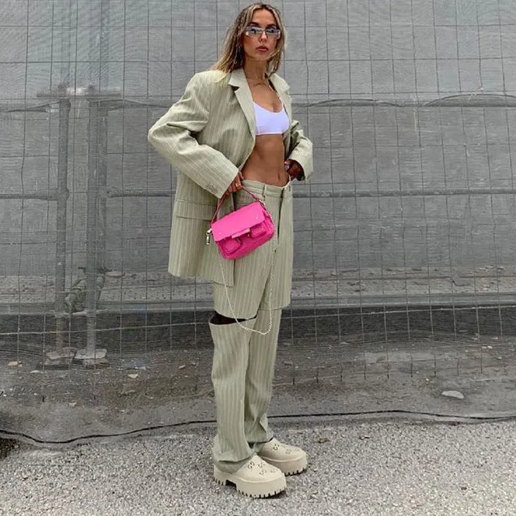Chic Striped Oversized Blazer and Trousers Two-Piece Suit