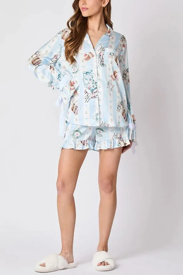 Christmas Fashion Printed Bow Tie Top and Elastic Waist Ruffle Shorts Set