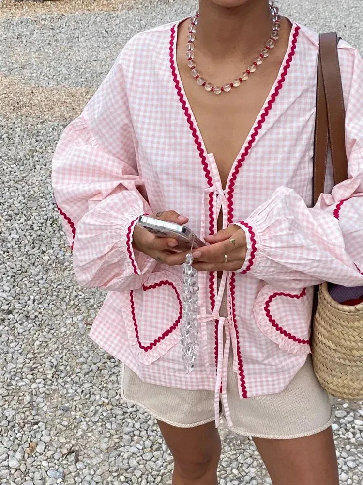 Claire Heart Applique Gingham Shirt Blouse
