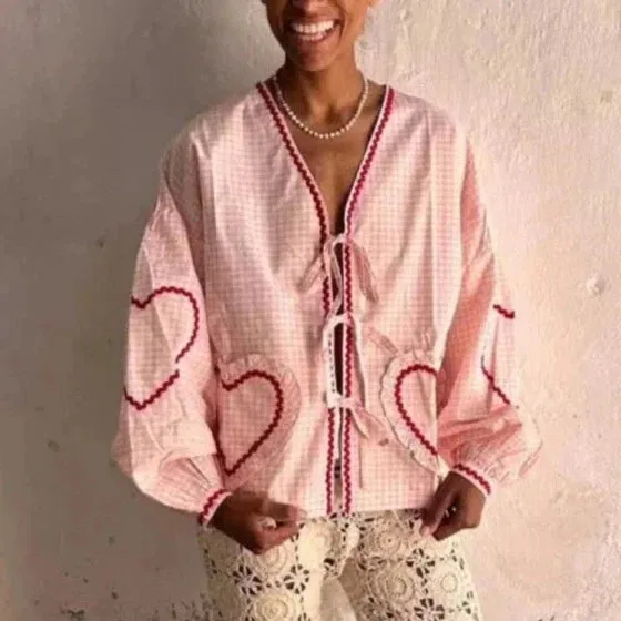 Claire Heart Applique Gingham Shirt Blouse