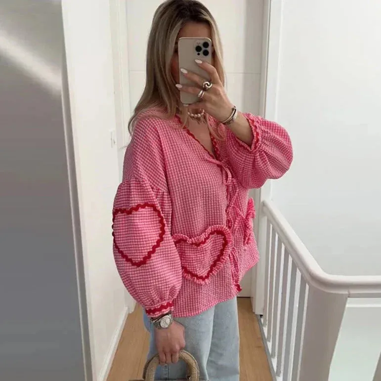 Claire Heart Applique Gingham Shirt Blouse