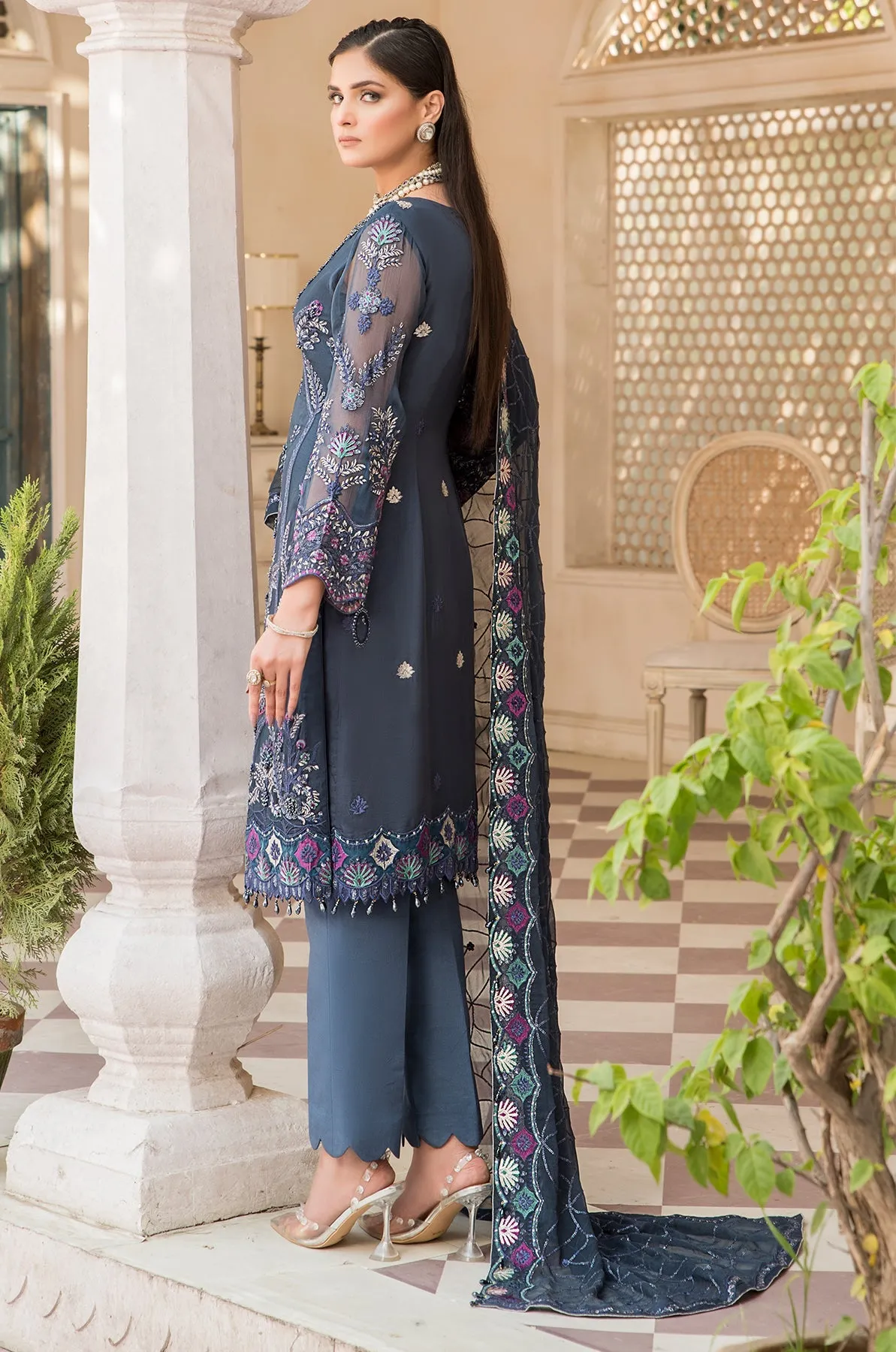 Classic Grey Embroidered Pakistani Party Wear Salwar Kameez Dupatta