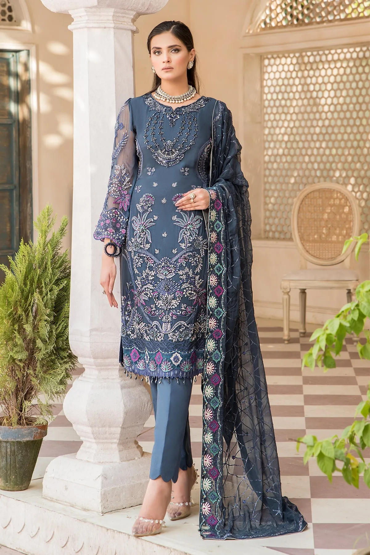 Classic Grey Embroidered Pakistani Party Wear Salwar Kameez Dupatta