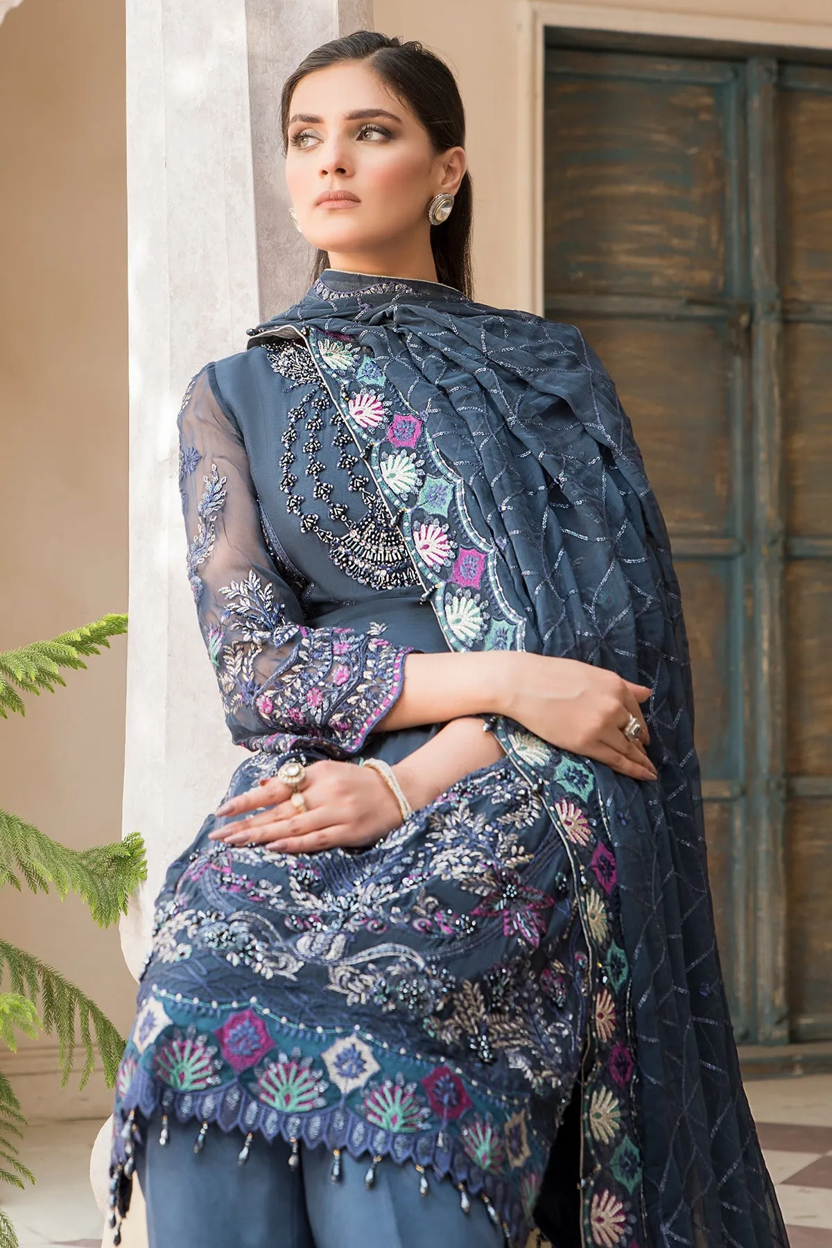 Classic Grey Embroidered Pakistani Party Wear Salwar Kameez Dupatta
