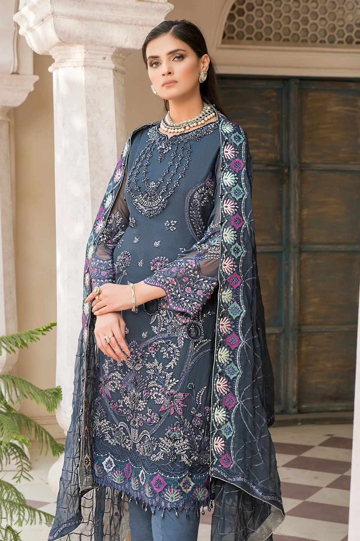 Classic Grey Embroidered Pakistani Party Wear Salwar Kameez Dupatta