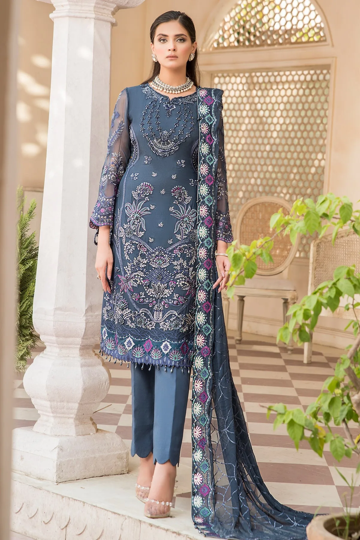 Classic Grey Embroidered Pakistani Party Wear Salwar Kameez Dupatta