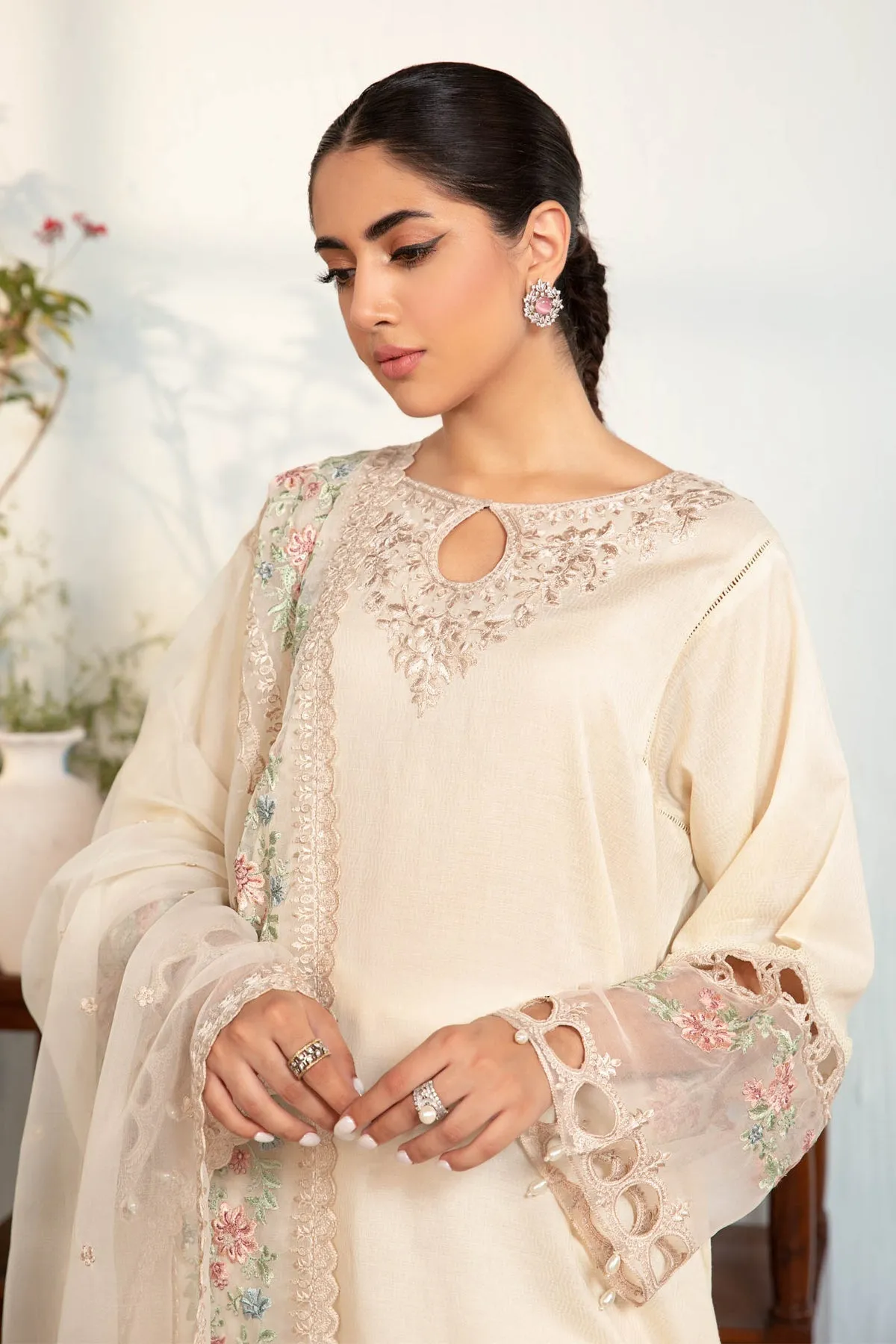 Classic Off White Embroidered Pakistani Salwar Kameez with Dupatta