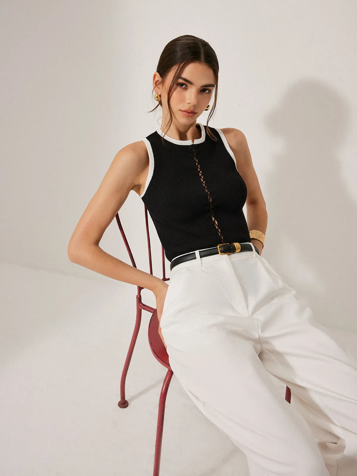 Color Block Knit Lace-Up Vest