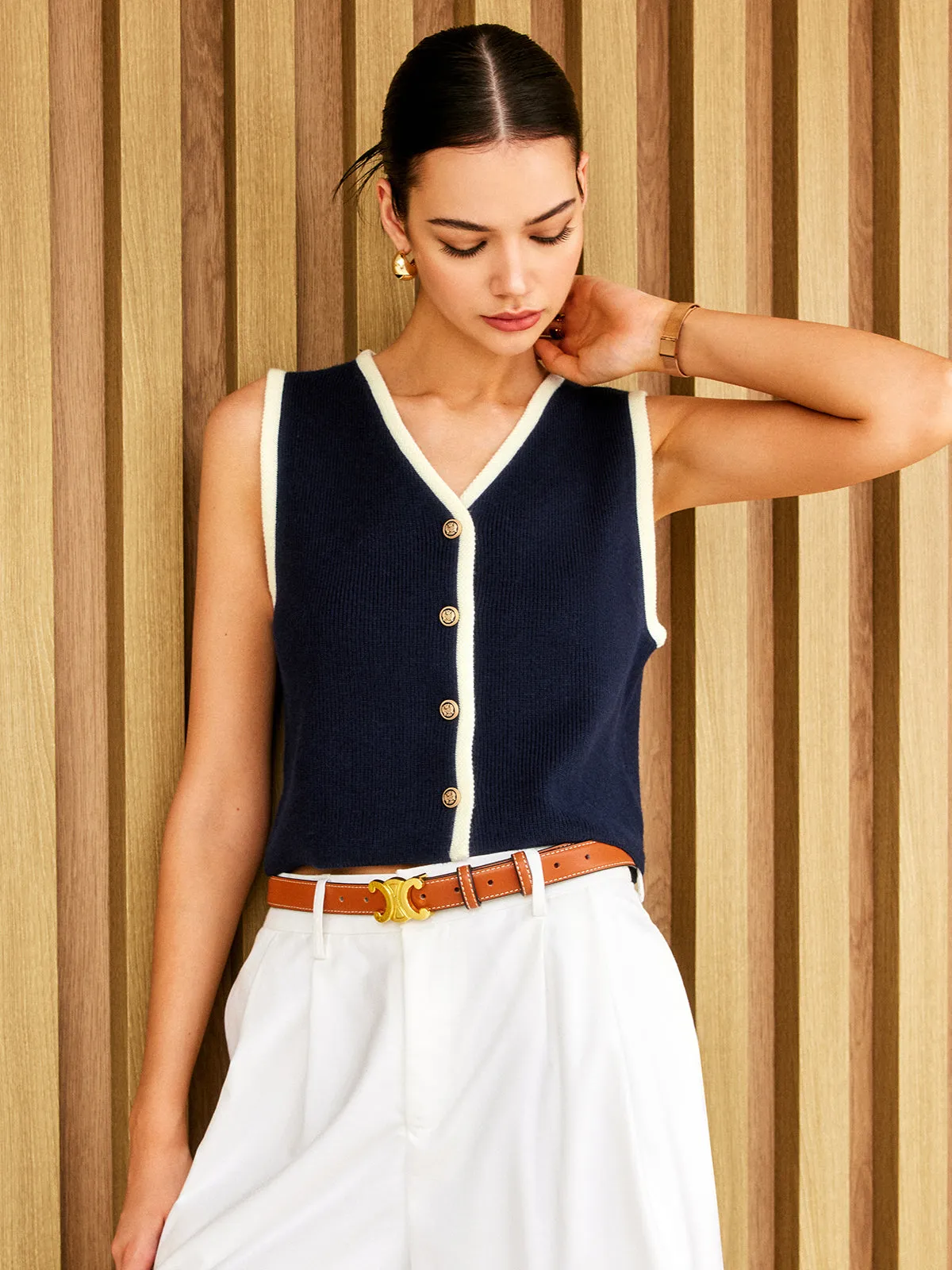 Contrast Binding Golden Button Sweater Vest