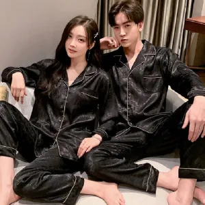Couple Ice Silk Pajamas Women's Summer Artificial Silk Pajamas Men's Spring And Autumn Thin Plus-sized Size Homewear Suit