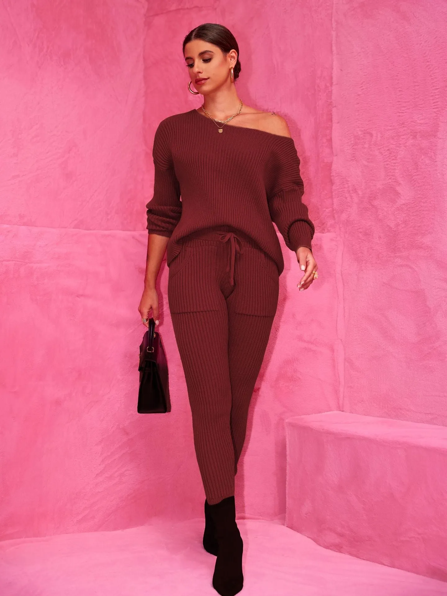 Cozy Round Neck Sweater and Woolen Trousers Set for Effortless Warmth