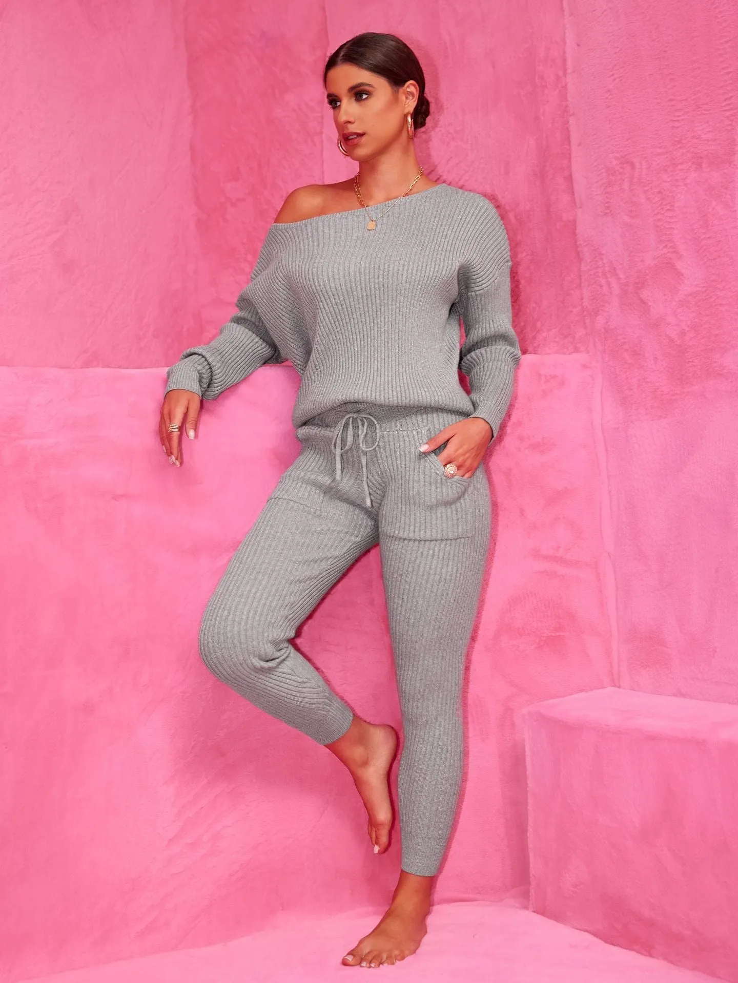 Cozy Round Neck Sweater and Woolen Trousers Set for Effortless Warmth