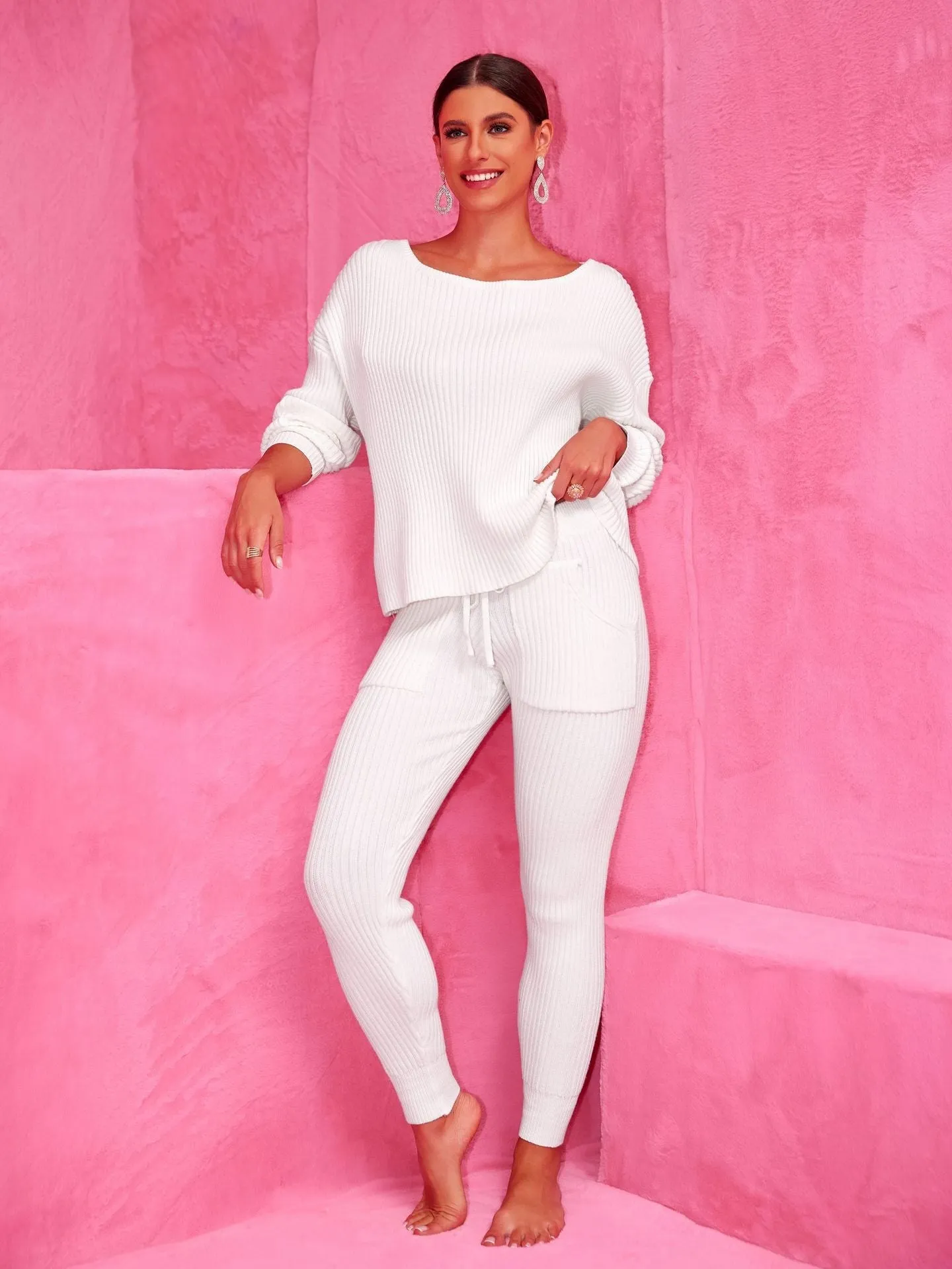 Cozy Round Neck Sweater and Woolen Trousers Set for Effortless Warmth