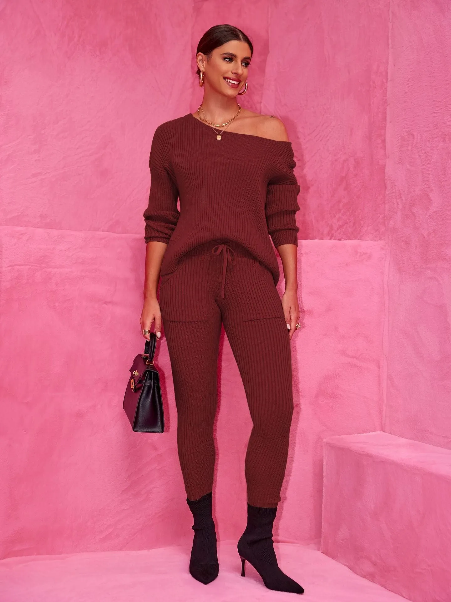 Cozy Round Neck Sweater and Woolen Trousers Set for Effortless Warmth