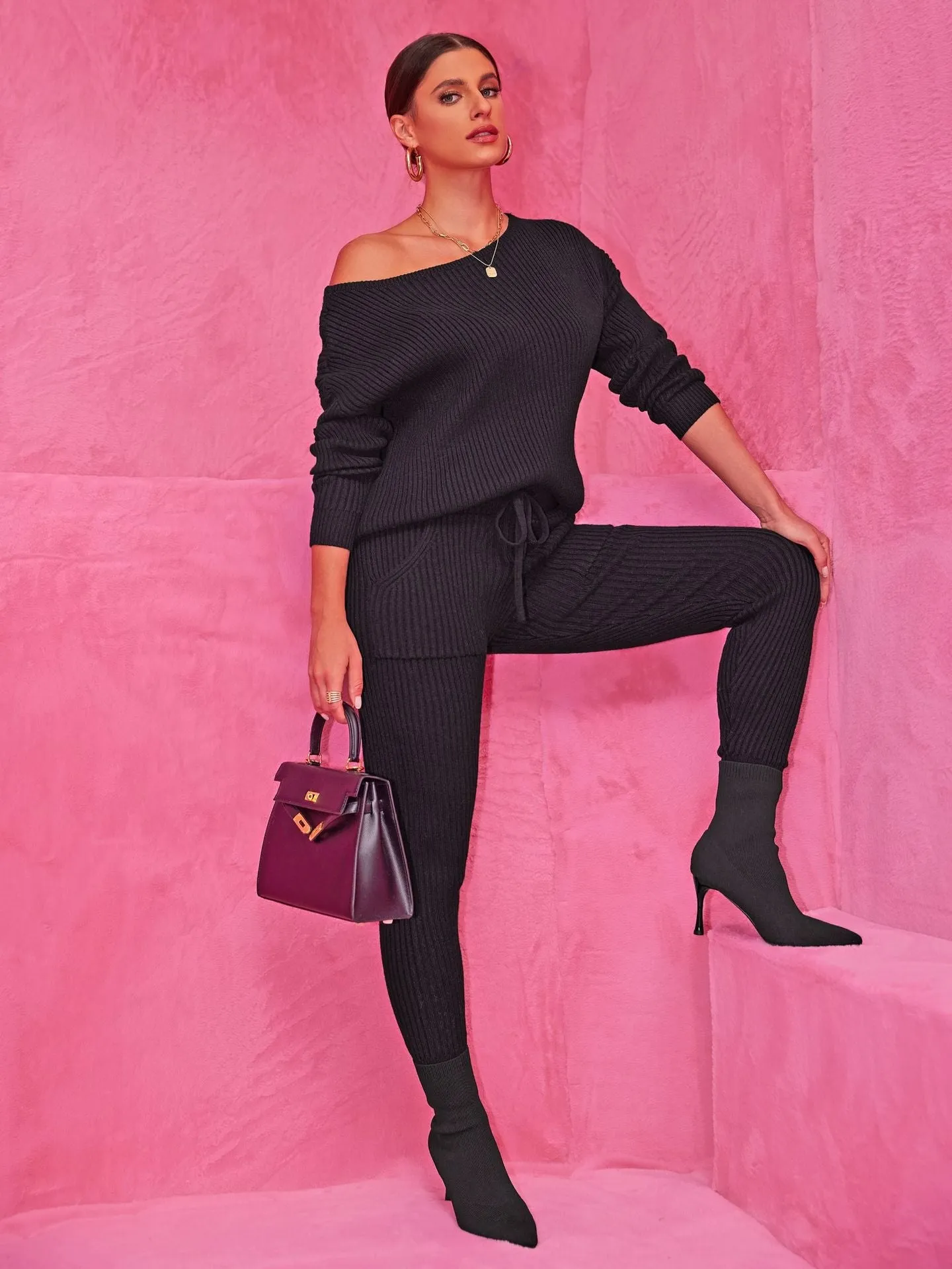 Cozy Round Neck Sweater and Woolen Trousers Set for Effortless Warmth