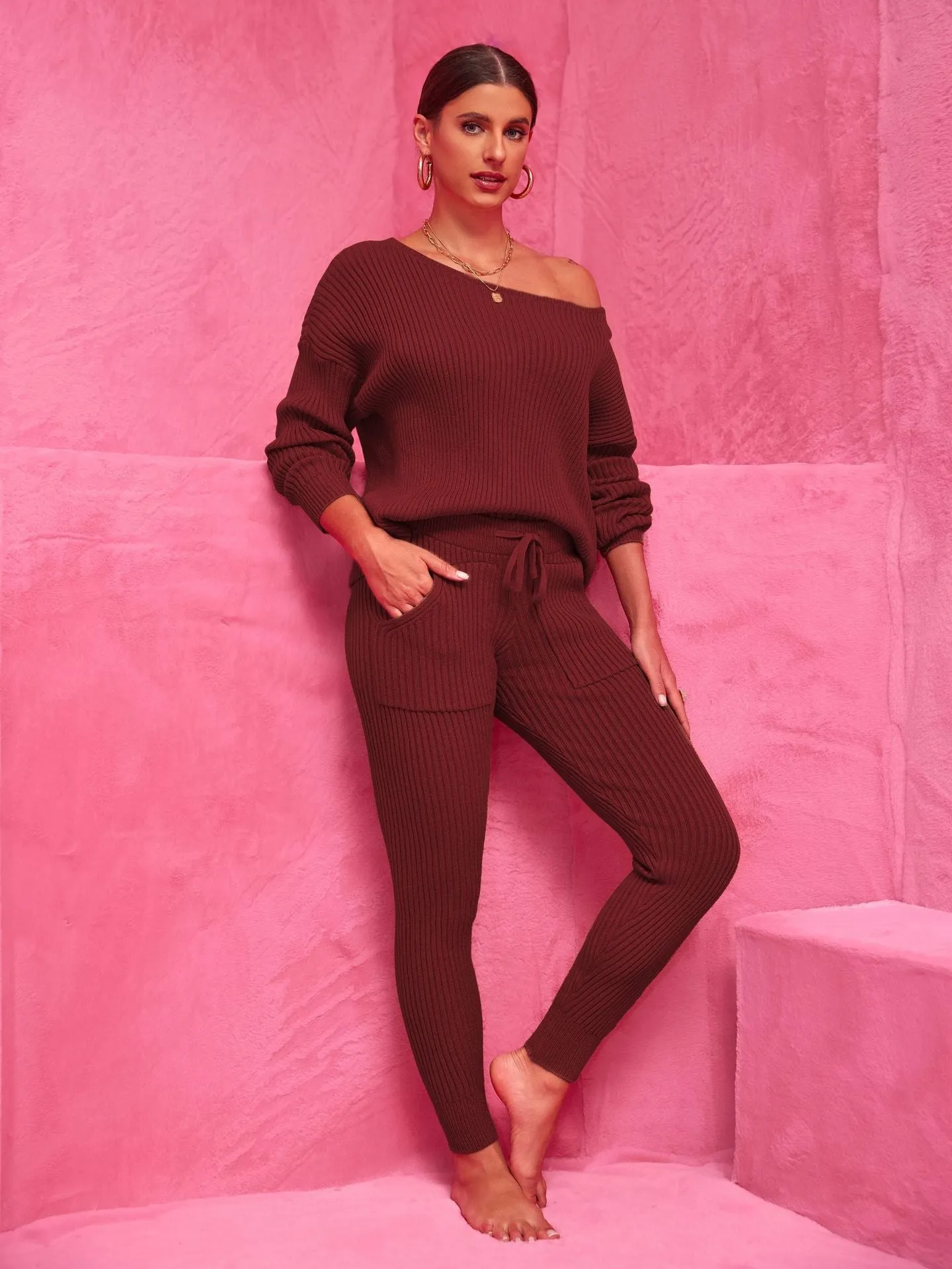 Cozy Round Neck Sweater and Woolen Trousers Set for Effortless Warmth