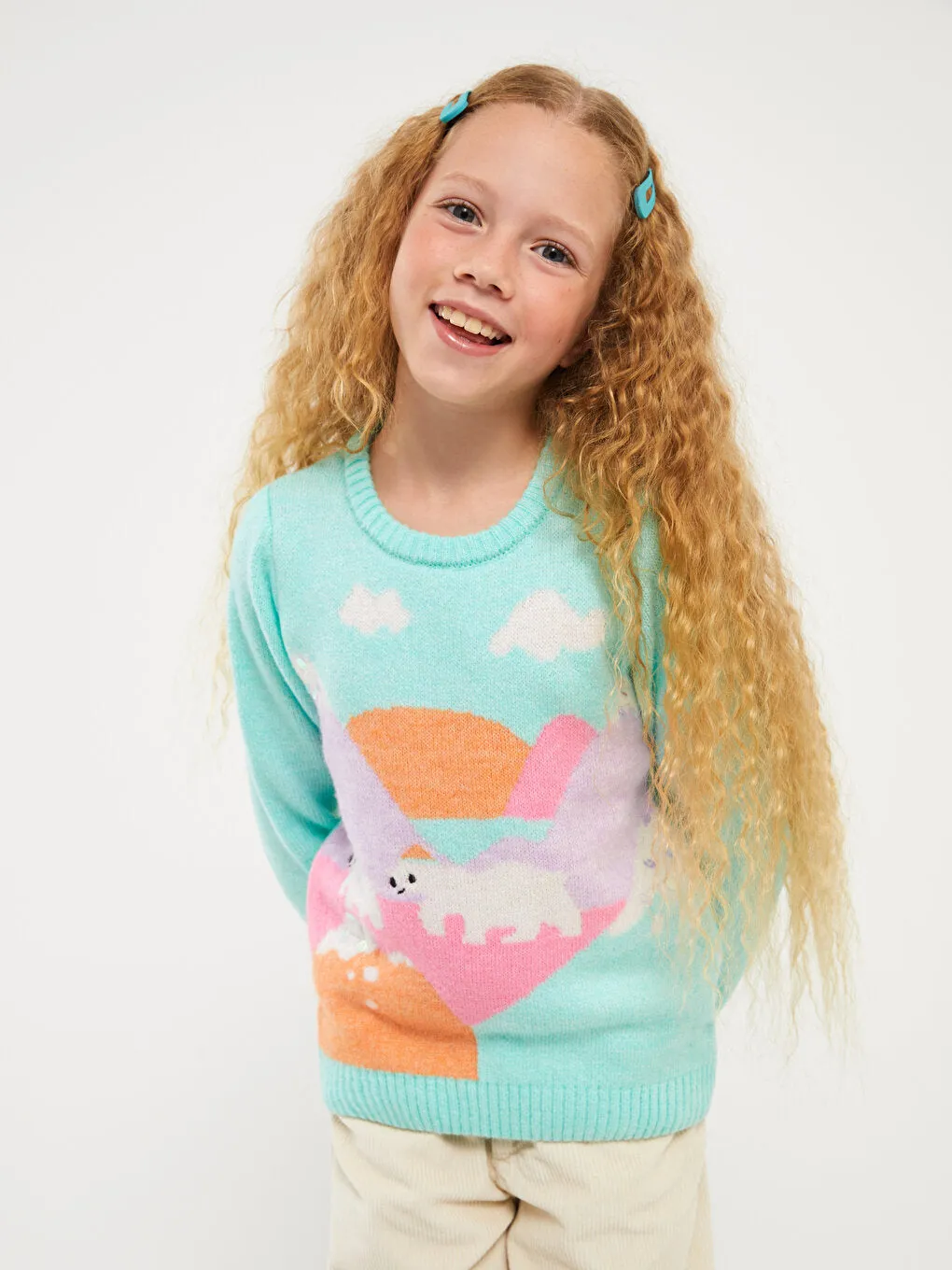 Crew Neck Patterned Long Sleeve Girls Knitwear Sweater