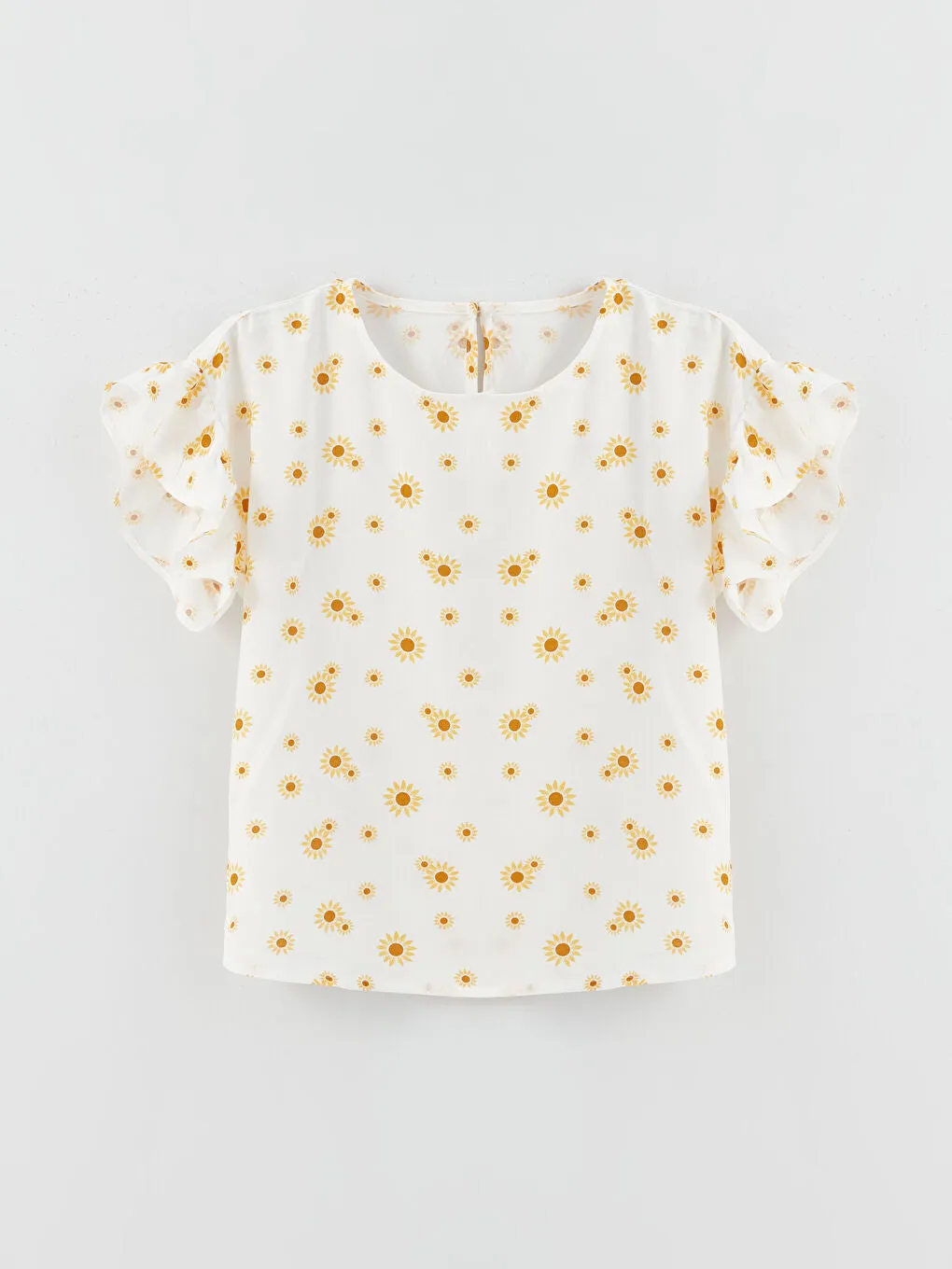 Crew Neck Patterned Short Sleeve Girls Blouse