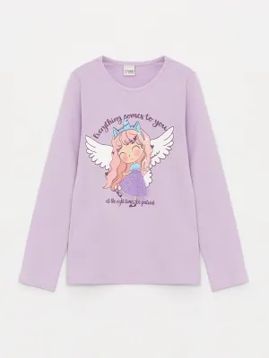 Crew Neck Printed Long Sleeve Cotton Girls T-Shirt