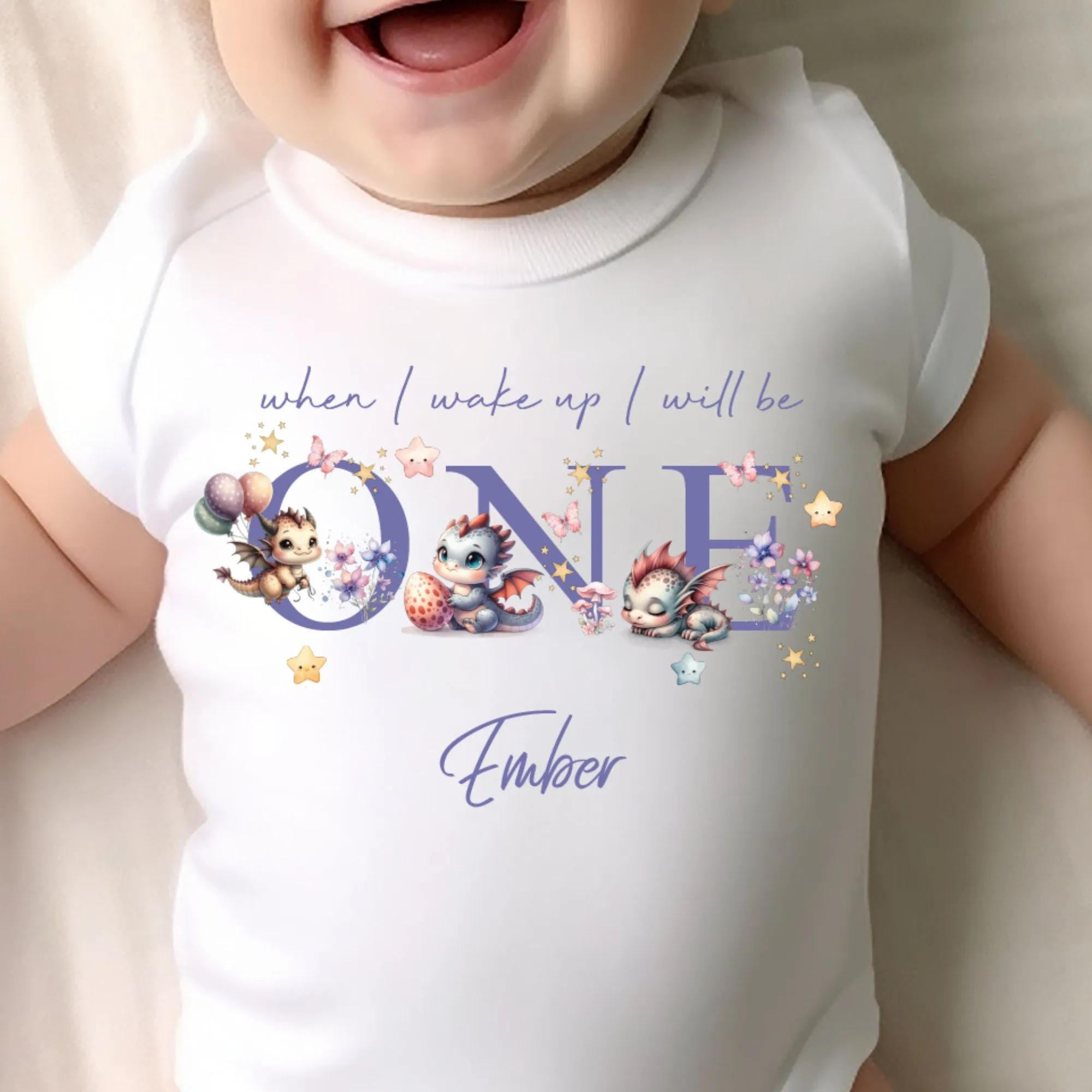 Cute Dragons Birthday sleepsuit, Unisex Birthday vest, When I wake up I’ll be One, 1st Birthday, My First Birthday Romper, Dragons for Girls