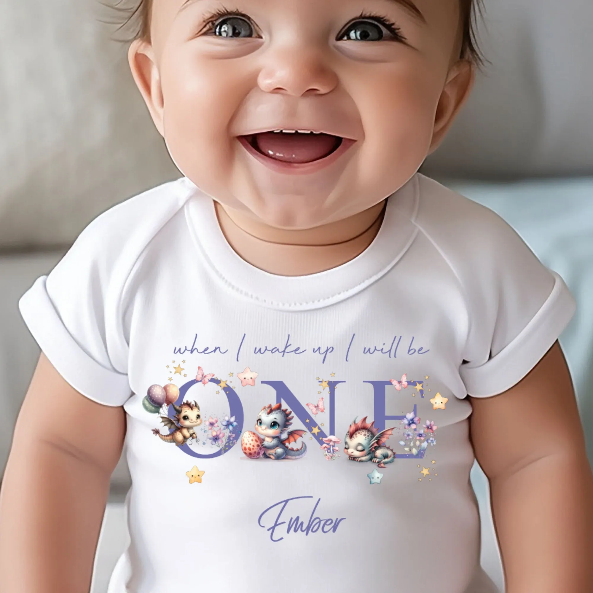 Cute Dragons Birthday sleepsuit, Unisex Birthday vest, When I wake up I’ll be One, 1st Birthday, My First Birthday Romper, Dragons for Girls