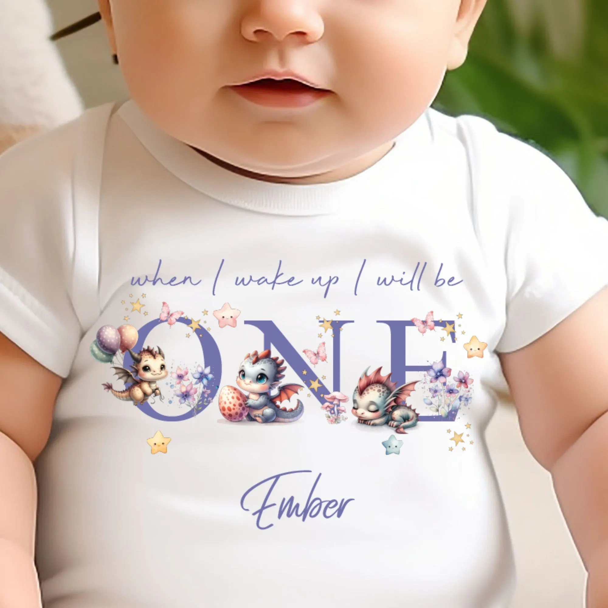 Cute Dragons Birthday sleepsuit, Unisex Birthday vest, When I wake up I’ll be One, 1st Birthday, My First Birthday Romper, Dragons for Girls