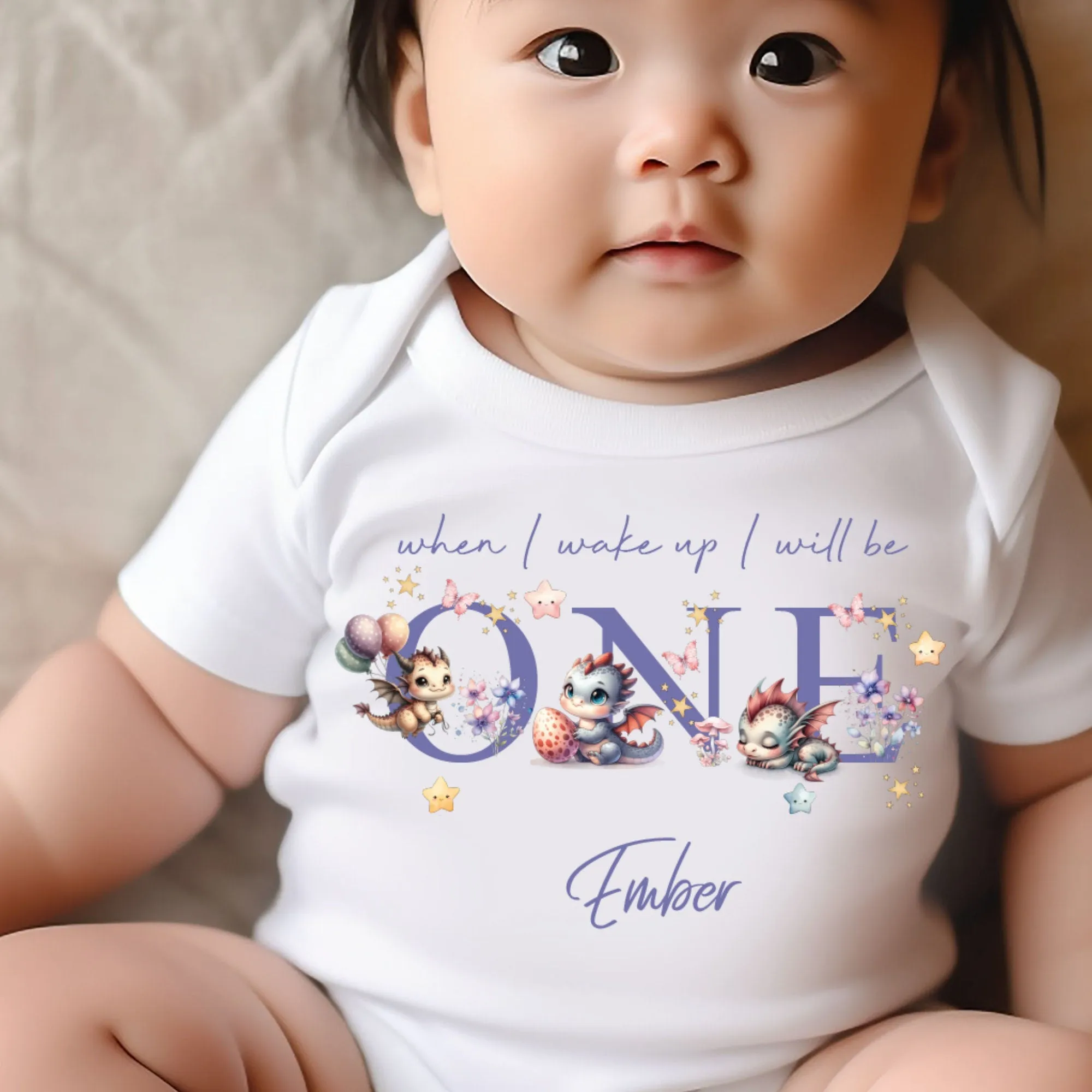 Cute Dragons Birthday sleepsuit, Unisex Birthday vest, When I wake up I’ll be One, 1st Birthday, My First Birthday Romper, Dragons for Girls