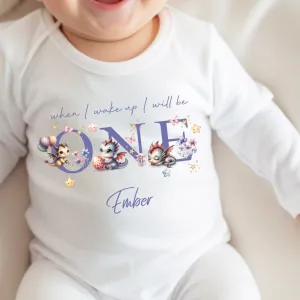 Cute Dragons Birthday sleepsuit, Unisex Birthday vest, When I wake up I’ll be One, 1st Birthday, My First Birthday Romper, Dragons for Girls