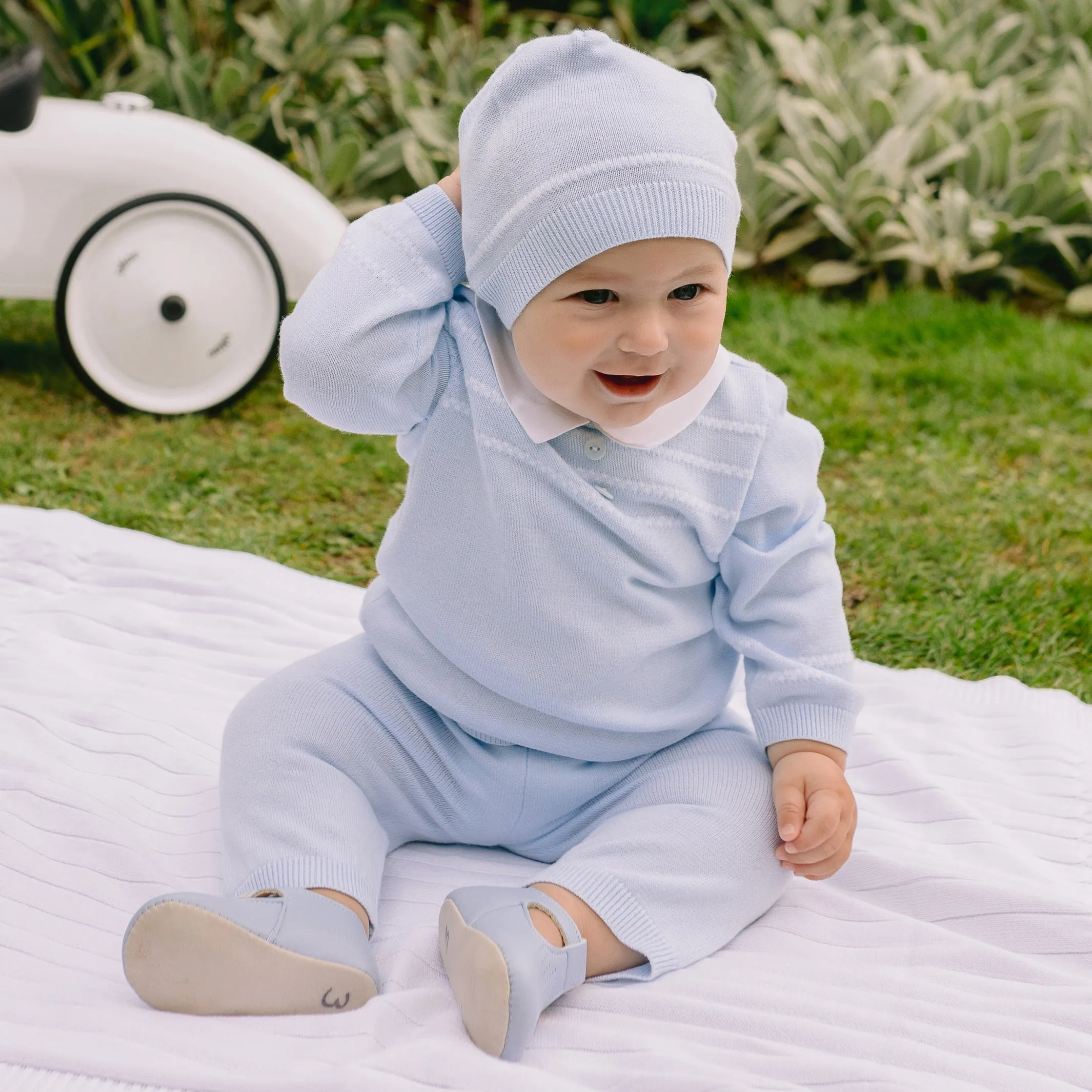 Declan Blue Knit Baby Boys Trouser Set with Hat