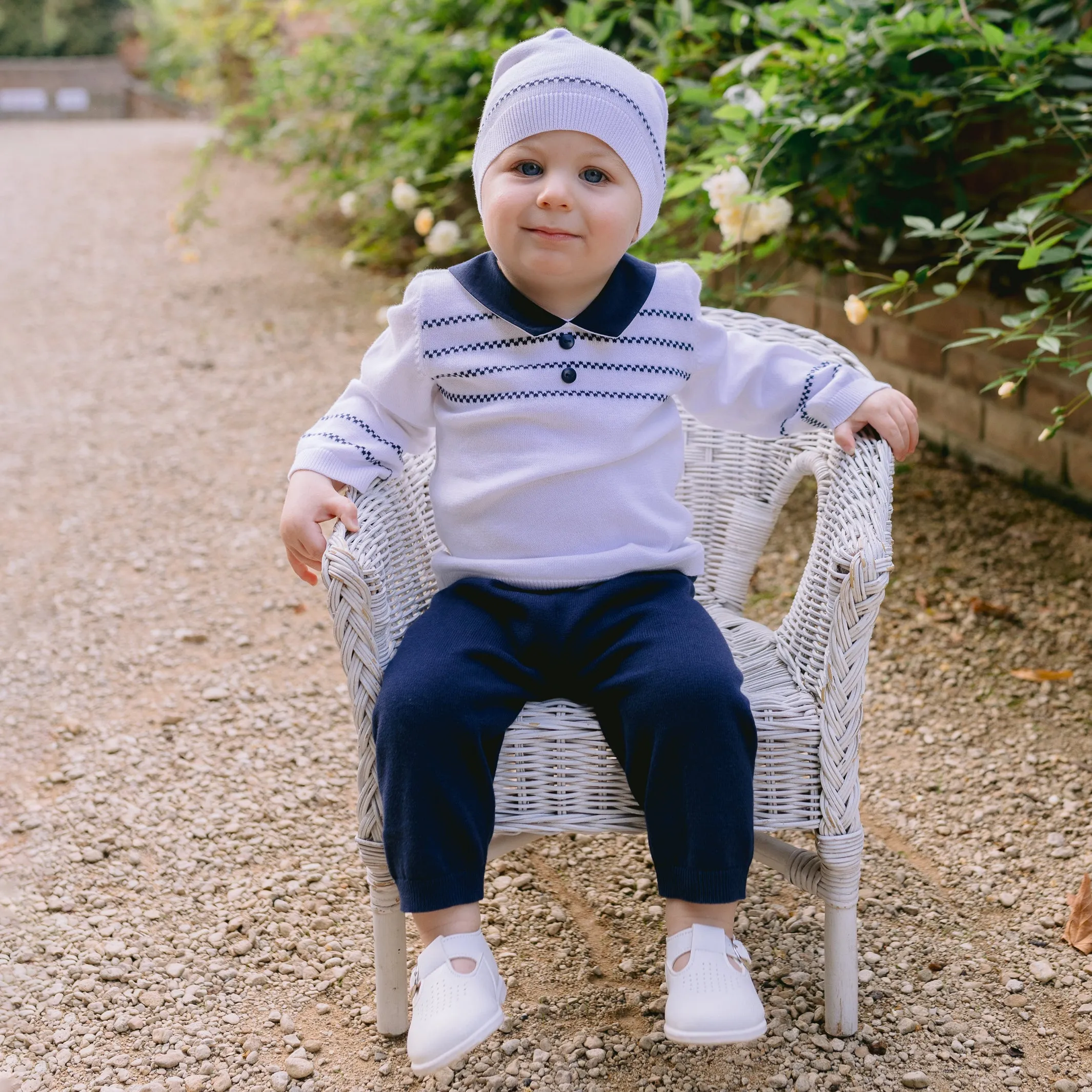 Declan Navy Knit Baby Boys Trouser Set with Hat