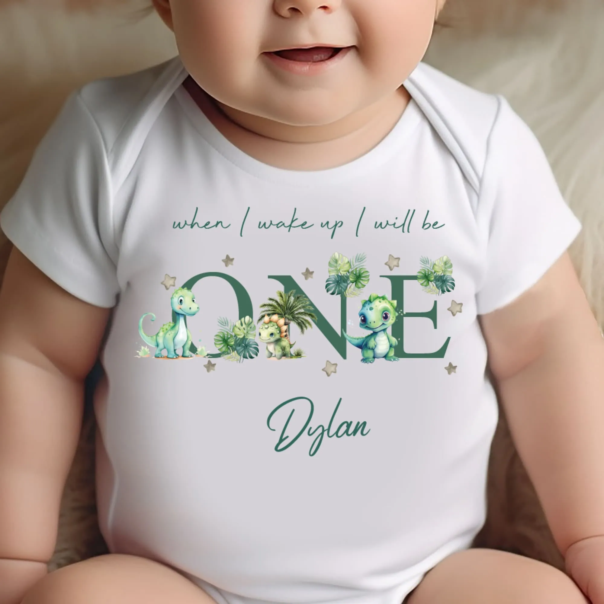 Dinosaur Birthday sleepsuit, Green Dino Baby Birthday vest, When I wake up I’ll be One, 1st One, Cute Dinosaurs, Dino birthday outfit Unisex