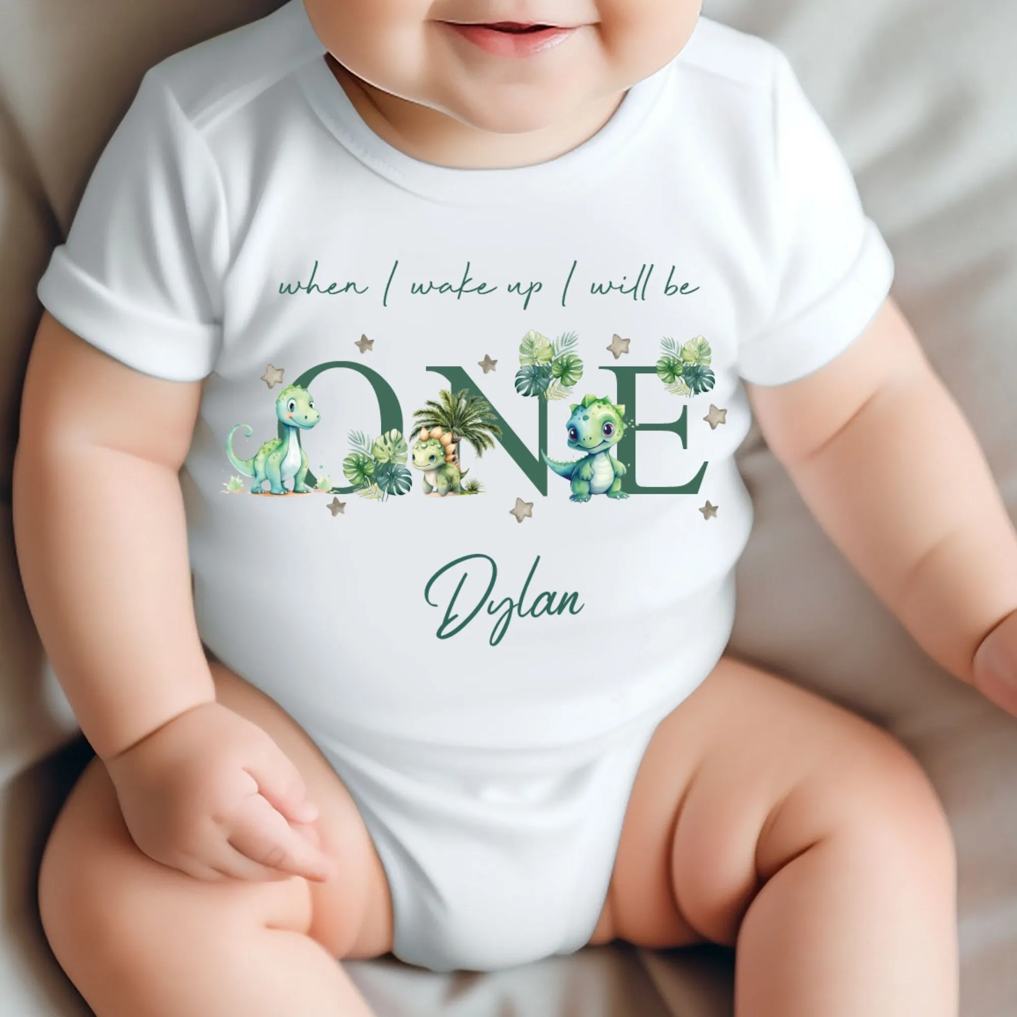Dinosaur Birthday sleepsuit, Green Dino Baby Birthday vest, When I wake up I’ll be One, 1st One, Cute Dinosaurs, Dino birthday outfit Unisex