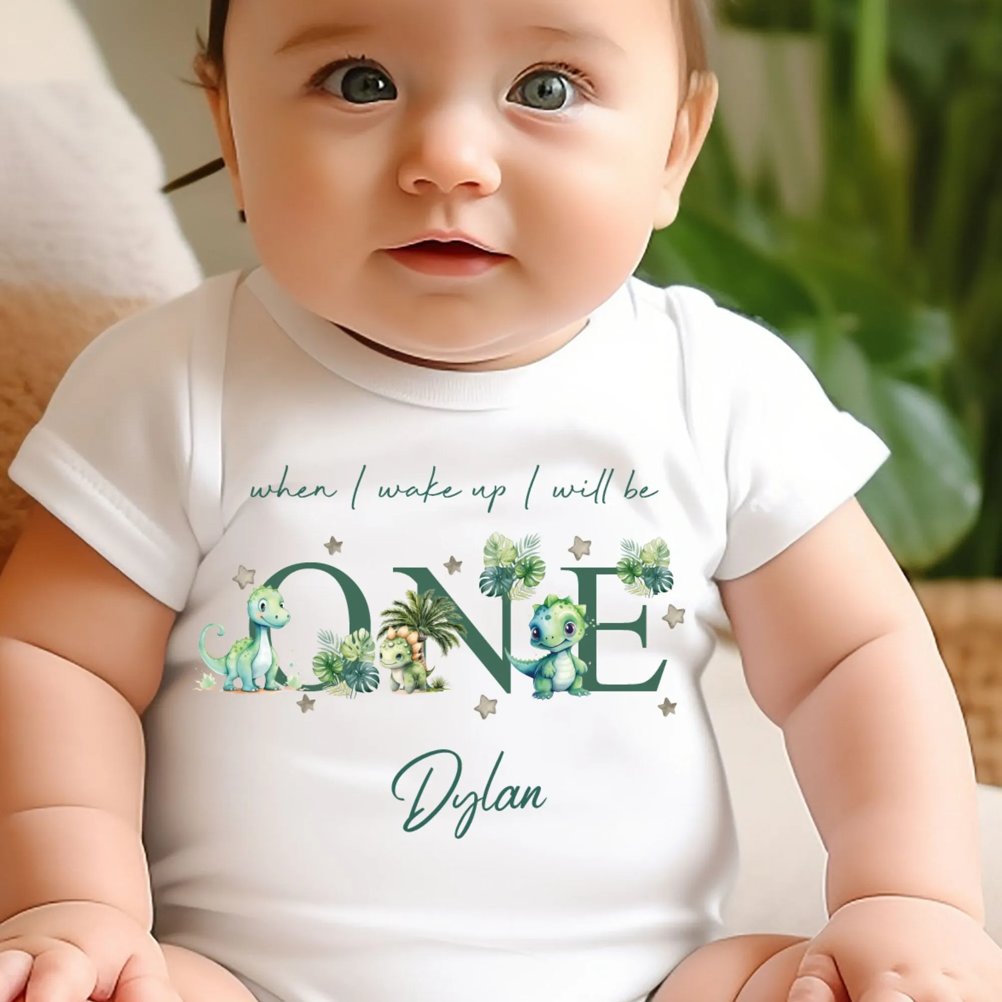 Dinosaur Birthday sleepsuit, Green Dino Baby Birthday vest, When I wake up I’ll be One, 1st One, Cute Dinosaurs, Dino birthday outfit Unisex