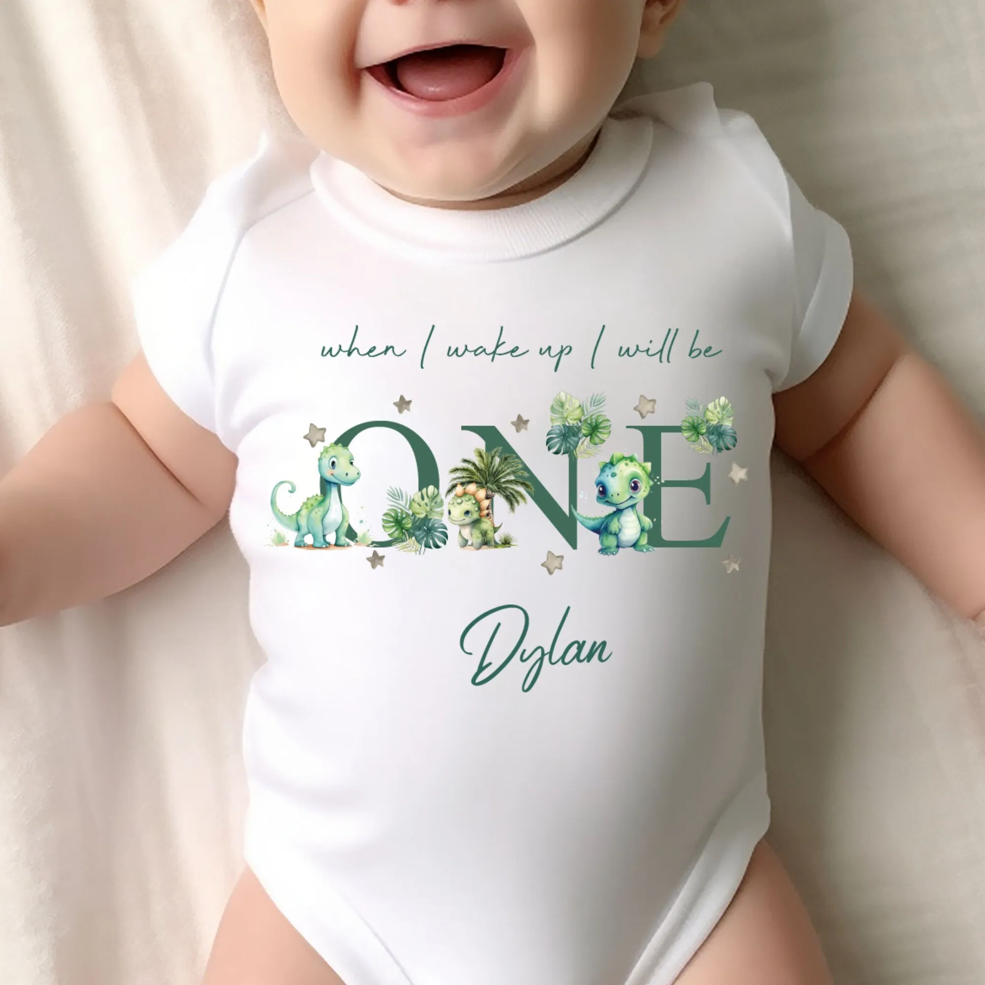 Dinosaur Birthday sleepsuit, Green Dino Baby Birthday vest, When I wake up I’ll be One, 1st One, Cute Dinosaurs, Dino birthday outfit Unisex