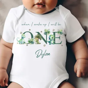 Dinosaur Birthday sleepsuit, Green Dino Baby Birthday vest, When I wake up I’ll be One, 1st One, Cute Dinosaurs, Dino birthday outfit Unisex