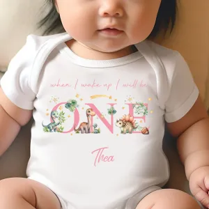 Dinosaur Birthday sleepsuit, Pink Dino Baby Birthday vest, When I wake up I’ll be One, 1st One, Cute Dinosaurs, Dino birthday outfit girl