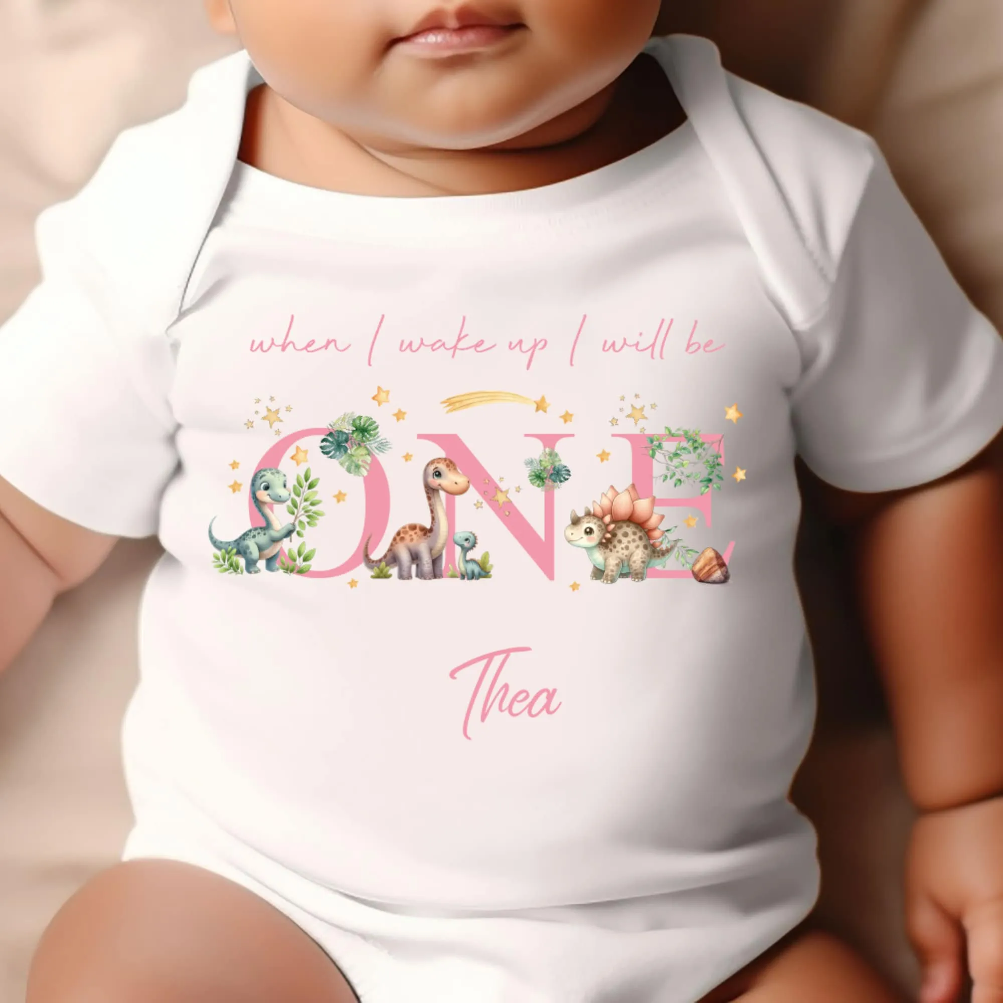 Dinosaur Birthday sleepsuit, Pink Dino Baby Birthday vest, When I wake up I’ll be One, 1st One, Cute Dinosaurs, Dino birthday outfit girl