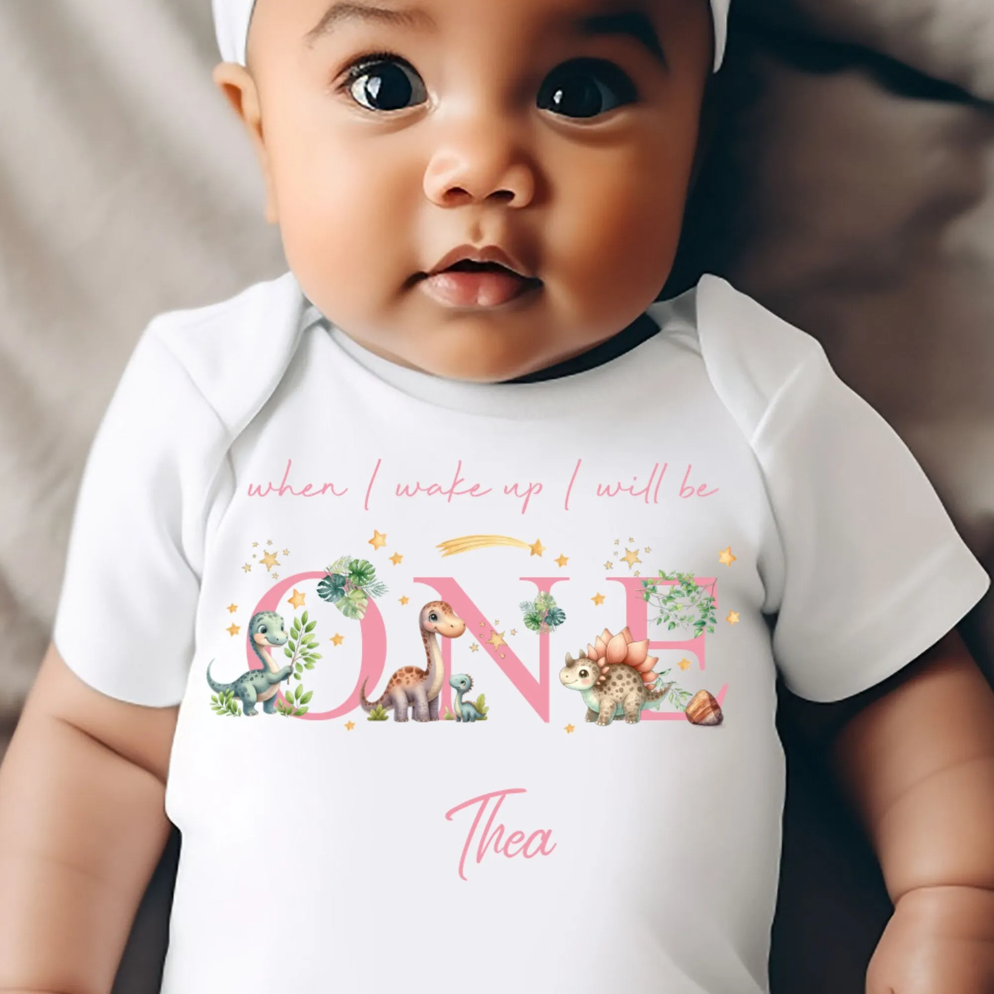 Dinosaur Birthday sleepsuit, Pink Dino Baby Birthday vest, When I wake up I’ll be One, 1st One, Cute Dinosaurs, Dino birthday outfit girl