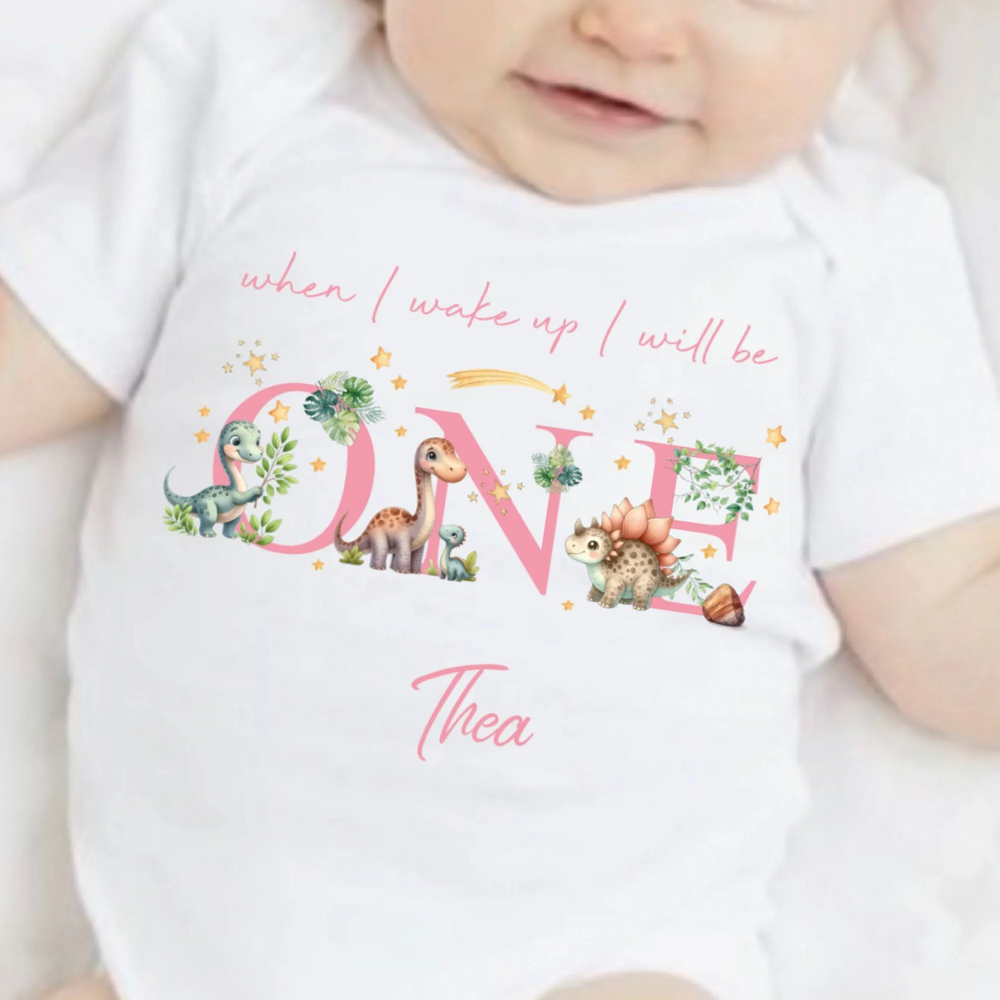 Dinosaur Birthday sleepsuit, Pink Dino Baby Birthday vest, When I wake up I’ll be One, 1st One, Cute Dinosaurs, Dino birthday outfit girl
