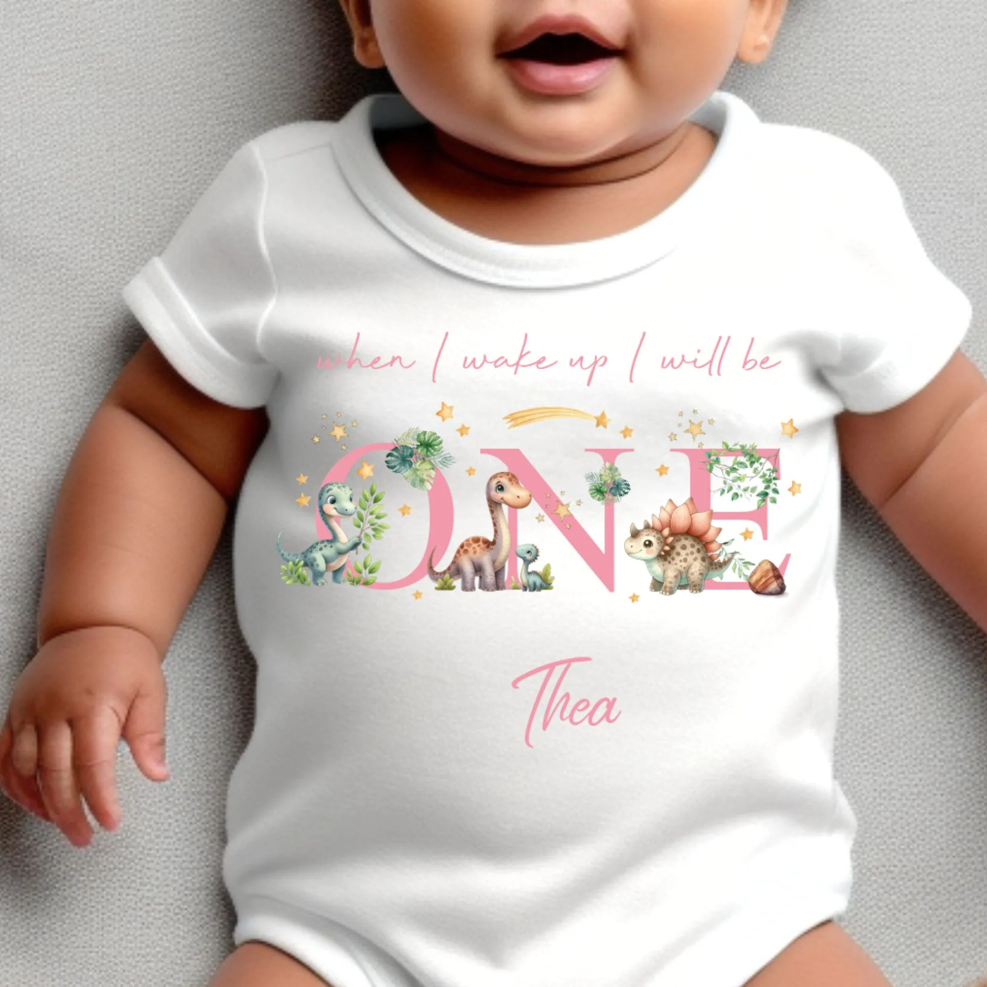 Dinosaur Birthday sleepsuit, Pink Dino Baby Birthday vest, When I wake up I’ll be One, 1st One, Cute Dinosaurs, Dino birthday outfit girl