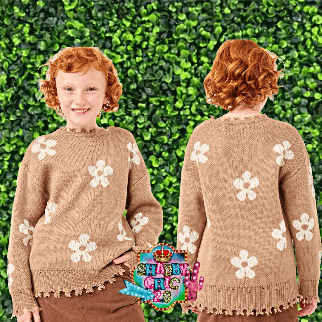 Distressed Floral Pullover Sweater Top - Youth